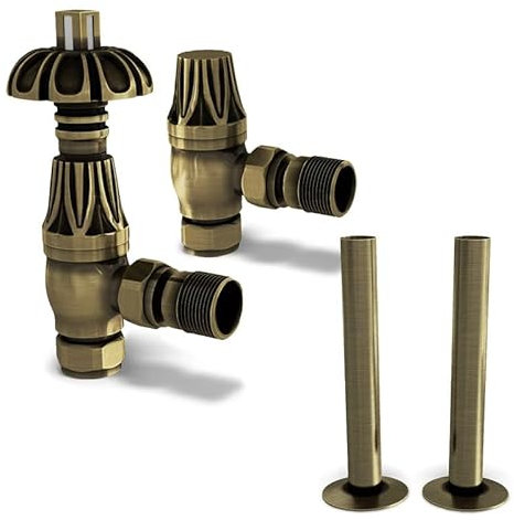UK Radiators Antique Brass Thermostatic Radiator Valves and Angled Lockshield Valve - Brushed Antique Brass Finish - Traditional Design 1/2 x 15mm Metal Head Radiator Valves with 130mm Pipe Covers