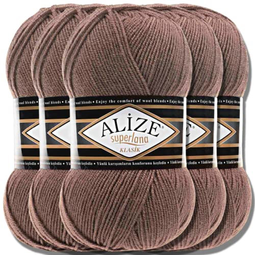 Hobby YARN Alize Superlana Klasik 5 x 100 g Türkische Premium Wolle Baumwolle und Acryl Uni Handstrickgarne Yarn Garn Strickgarn Baby zum Stricken Strickgarn (Milky Brown | 584)