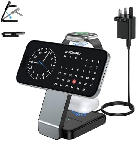 Cargador inalámbrico plegable de viaje, estación de carga rápida 3 en 1 para Apple Watch Series 9/8/7/6/SE/5/4/3/2, soporte de carga Magsafe para múltiples dispositivos iPhone 16/15/14/13/12 Pro Max,
