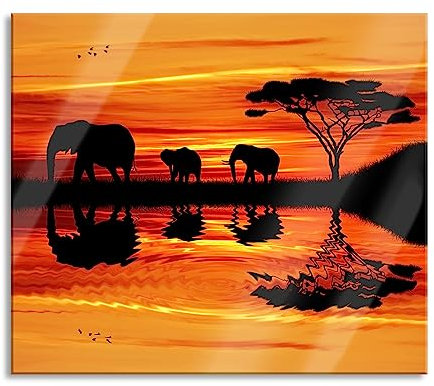 Afrika Elefant in Sonnenschein Herdabdeckplatte & Spritzschutz aus Echtglas | Für Herd-Kochfelder | 60x52 cm