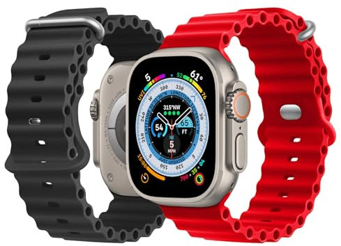 NUKELOLO 2 Pack Ocean Strap Compatible with Apple Watch Ultra 49mm 46mm 45mm 44mm 42mm 41mm 40mm 38mm, Soft Silicone Sport Band for iWatch Series 10 Ultra 9 8 7 6 5 4 3 2 1 SE, Black/Red