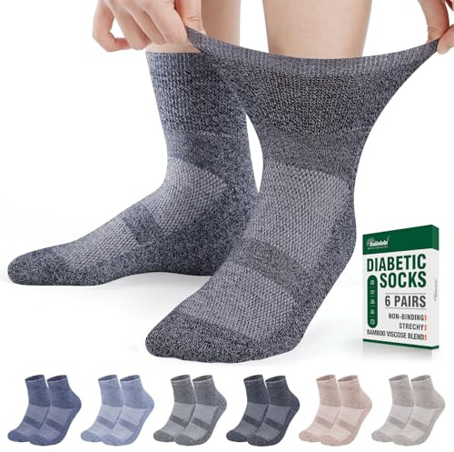 Bulinlulu Diabetic Socks for Men Women,6 Pairs Bamboo Viscose Non Binding Ankle Diabetic Socks for Men Size 9-12 13-15(Dark-Large)