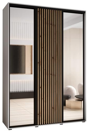 MEBLE KRYSPOL Sapporo 2 Moderner Schrank mit DREI Schiebetüren mit Spiegel, Stange, Regalen - Aufbewahrungsschrank für Schlafzimmer, Wohnzimmer - 205,2x180x45 cm - Weiß Schwarz Artisan