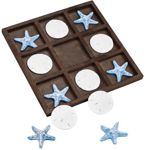 FINGERINSPIRE Seestern Tic Tac Toe Spiel-Sets 6 Stück weißes Harz Meer Geld & 6 Stück Blauer Seestern mit 25x25cm Platz hölzernen Tisch Tic-Tac-Toe Board Strand Haus Kaffee Tisch Dekoration