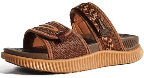 KuaiLu Womens Orthotic Slides Athletic Thick Cushion Recovery Sandals Adjustable Strap Open Toe Slip On Yoga Mat Walking Ladies Sport Sandles Comfort Plantar Fasciitis Arch Support Brown Size 5