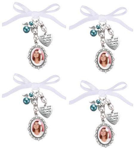 FUIPVGI 4 Stücke Memorial Anhänger, Brautstrauß Brosche, Hochzeitsstrauß Charm-Anhänger, Bouquet Foto Charme, DIY Ansteckbrosche, Brautstrauß Brosche du Wirst Immer in Meinem Herzen Sein (Silber)