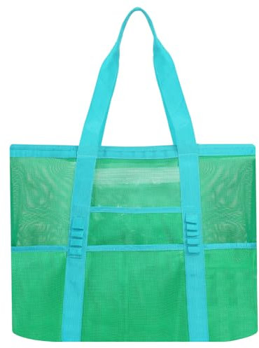 Amonsen Große Netz-Strandtasche mit 8 separaten Taschen, Netz-Aufbewahrungs-Umhängetasche für den Strandurlaub, gut für Handtücher, Sonnenschutzmittel, Getränke,Grün