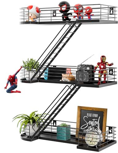 YEMNMFH 15 Inch Fire Escape Wall Shelf - Black Metal Decorative Shelves, Eye-Catching Figurine Display Shelf Wall Mounted, Unique Ladder Home Décor for Knick Knack, Action Figure, Bedroom, Bathroom