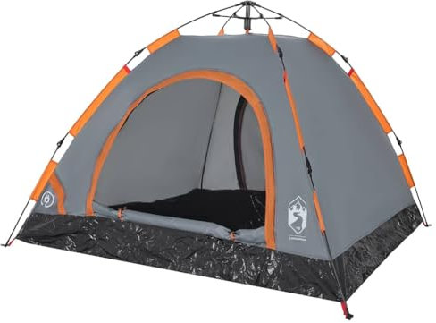 vidaXL Campingzelt 3 Personen, Kuppelzelt mit Quick-Release-System, Wurfzelt mit Netzwände E-Anschluss, Zelt, Grau Orange 190T Polyester