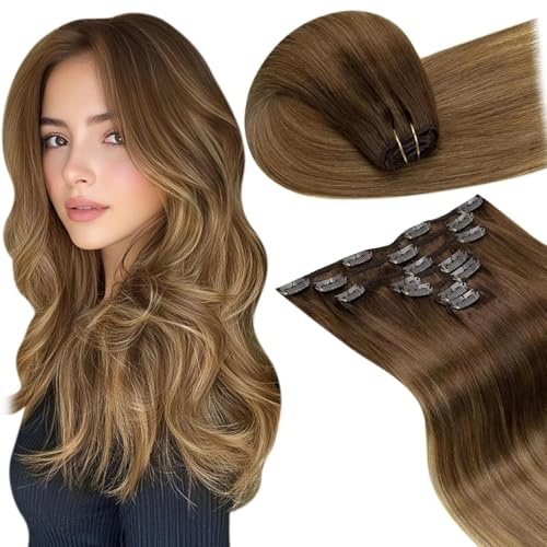 LaaVoo Echthaar Extensions Clip Aschiges Hellbraun mit Beigenuancen Clip Extensions Echthaar Remy Menschliches Haar Natürlich Blond 7PCS 40cm 120g #6/8/14