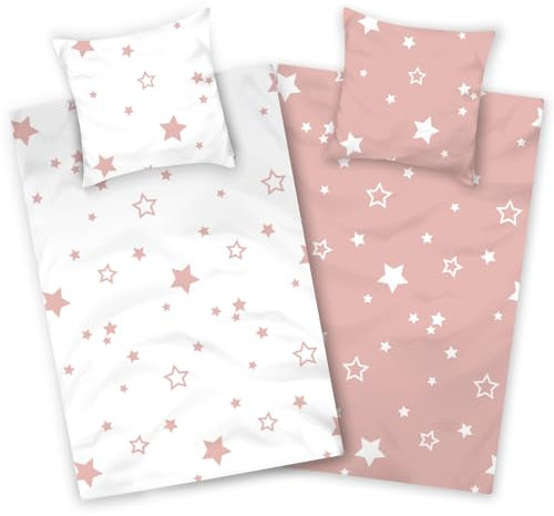Aminata kids Bettwäsche 135x200 Sterne weiß rosa Baumwolle Stern-Motiv, Reißverschluss weich & atmungsaktiv, Sommer-Bettwäsche-Set Damen Mädchen - Wendebettwäsche