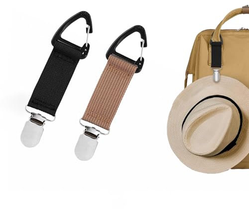 GOEDEKE 2Pcs Hat Clips for Travel on Bag, Hat Bag Clip for Traveling Bags Backpacks Purses Luggage Outdoor Travel Accessory(Black+ Khaki)