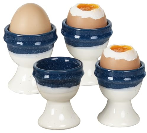 INGOFIN 4 Pcs Ceramic Egg Cups, Egg Holder for Soft and Hard Boiled Eggs, Store and Serve Easter Egg Holder, Tray Kitchen Gadgets Tools, for Home Breakfast & Cafe Decor, Blue&Beige