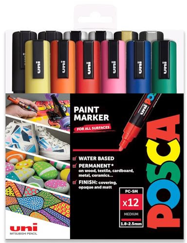 Posca PC-5M Water Based Permanent Marker Paint Pen - Professional 12 Pen Set - 1.8-2.5mm Medium - Extra Black + White - In Gift Wallet