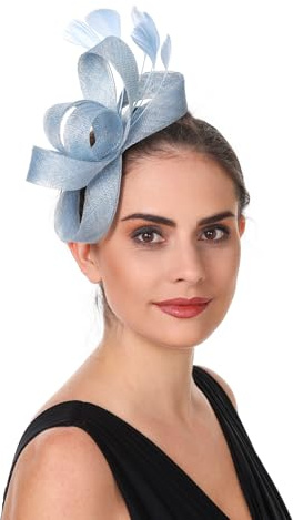 Haoijng Fascinator-Hut für Damen, Cocktail, Teeparty, Kopfbedeckung, Blume, Netzband, Federn, Stirnband, B1-Hellblau, M