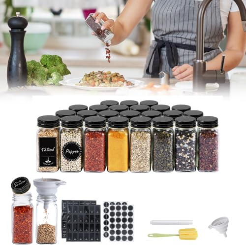 UISEBRT - Set di 12 barattoli in vetro per spezie, forma quadrata, 120 ml, ermetici con sistema di spolvero, imbuto incluso, spazzola per la pulizia