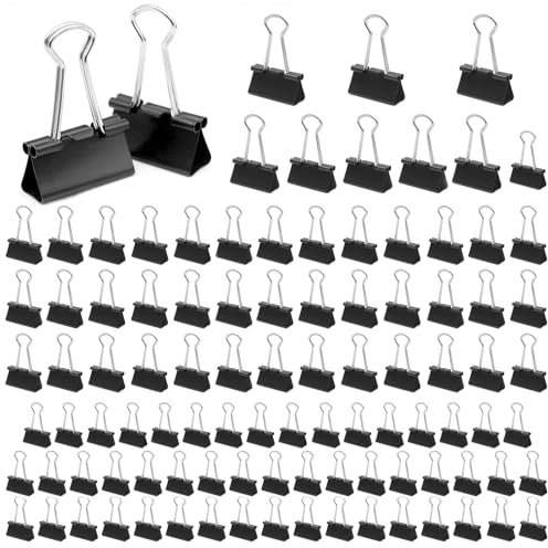 100 Piezas Pinzas Papeleria, 15 mm/19 mm/25 mm/32 mm, Clips Plegables de Metal, Clips Oficina, Negro Pinzas para papel para papelería escolar, artículos domésticos, material de oficina