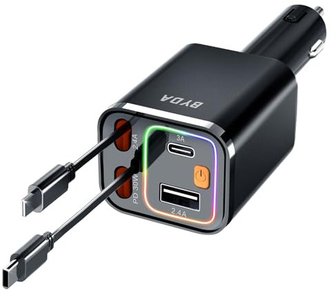 Chargeur de Voiture rétractable 4 en 1, Adaptateur USB-C 69 W pour iPhone 16/15/14/13/12, Rise réglable à 180 °, Prise en Charge Multi-appareils (Grey, Black USB-C & Light-ning Breathing Light)