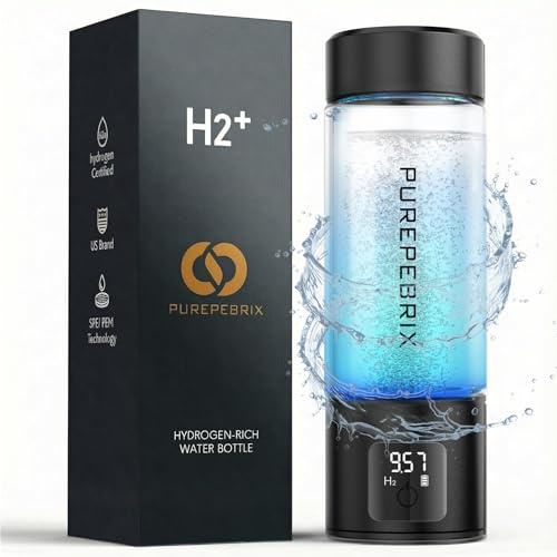 PUREPEBRIX Upgraded Hydrogen Water Bottle Generator Glass, Touch Screen, Leak-Proof Lid, SPE/PEM Tech, Portable Rechargeable Hydrogen Water Bottle for Home Office Travel Fitness Drinking, 14 oz, Black