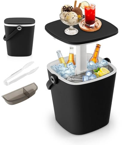 SOARS Bar Exterieur 3 en 1 15L, Table d'Appoint Réglable en Hauteur 35 X 34 X 37-58 CM, avec Boîte à Glace, Pince, Refroidissiment Jusqu'à 6H, Table pour Jardin, Piscine, Salon, Chambre (Noir)