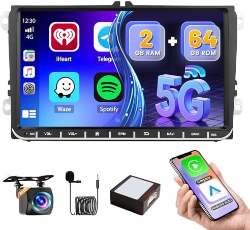 2+64GB Hikity Android 15 Radio de Coche Wireless Carplay para VW Golf 5 Golf 6 Skoda Polo Passat Tiguan Touran Seat Android Auto, Pantalla Táctil de 9 Pulgadas Radio GPS WiFi Bluetooth FM/RDS Radio