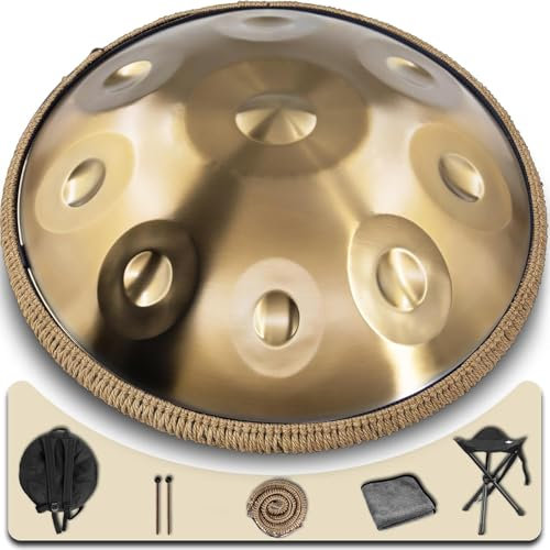 Handpan Anfänger,Stahltrommel 9 Töne 18 Zoll,Stahlzungentrommel Regen,Percussion Instrumente,Hand Drum mit Drumtasche und Handpan-Halter,Steel Drum als Geschenk für Sound Healing, Meditation, Gold