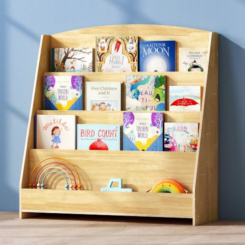 SOCOMFAY 4 Tier Bücherregal Kinder Montessori Kinderregal 88cm Höhe, Kinderzimmer Spielzeug Aufbewahrung Büchergestell (Nussbaum hell)