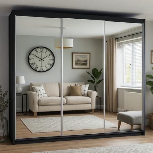 ALASKA Sliding Mirror Wardrobe, 2-3 Doors, Multiple Sizes & 6 Colours Available 120/150cm/180cm/203cm/250cm White-Black-Grey-Walnut-Wenge-Oak (Black, 250cm)