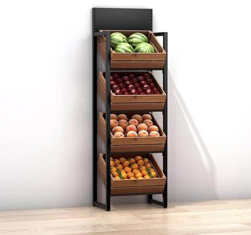 Supermarkt Obst & Gemüse Regal 4 Ebene, große Kapazität Einzelhandel Snack Rack Anzeige mit Holzkörben, Küche Zwiebel Kartoffelproduzieren Halter Stand,4 Tier-Black rack+brown box