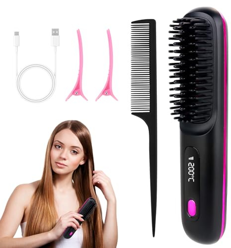 LYPPUL Glättbürste Kabellos, Stylingbürste für Kurze Haare Langes, Tragbare Haarbürste Elektrisch Mit Led Anzeige Und 3 Wärmestufen, Haarglätter Bürste, Hair Straightener für Reisen Täglichen Gebrauch