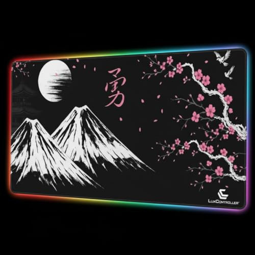 LuxController Premium Gaming Mauspad XXL, Sakura Japanischer Kirschblüten-Berg Design, Schwarz, 900x500x3mm, rutschfeste Gummibasis, Extra Groß für Gaming und Büro (LED)