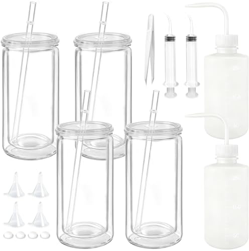 Aruatu 4 Pcs Plastic Snow Globe Tumbler Supplies 16 Oz Double Wall Tumbler Cups with Lid and Straw Including Squeeze Bottle Bent Spout Syringe Tweezers Funnels for DIY Craft Glitter Kit (Clear)