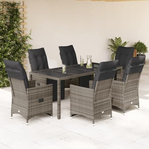 Tonture Ensemble bistro de jardin 7 pièces gris en rotin synthétique résistant aux UV, fauteuils de relaxation réglables avec coussins, grande table à manger en verre trempé pour terrasse, balcon