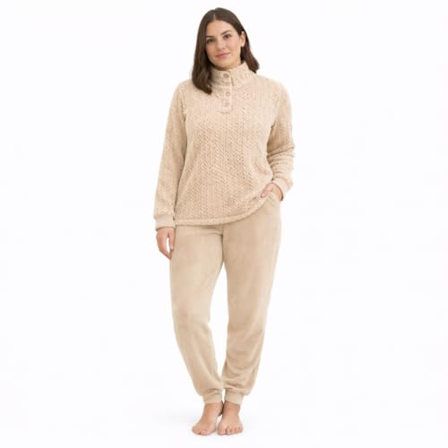 Vionara Home Pigiama Donna Invernale in Caldo e Morbido Coral Fleece, Set Pigiama in Pile, Collo Alto con 3 Bottoni, Ideale per Le Notti Fredde