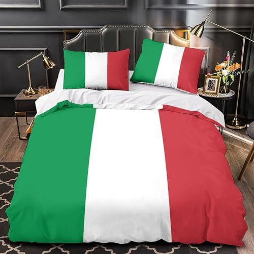 Italienische Flagge Bettwäsche 135x200 3D Bettwäsche-Sets Nationalflaggenmuster Bettbezüge Weiche Kuschelig Mikrofaser 3 Teilig Bettbezug mit Reißverschluss und 2 Kissenbezüge 80x80 cm C-3332