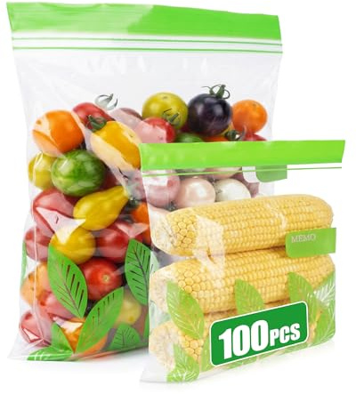 Acual 100 Bolsas Congelación Reutilizables Grandes Sin BPA 1.1L & 4.5L | Bolsas Congelación Reutilizables Sin BPA con Cierre Hermético, 2 Tamaños, Ideales para Alimentos, Nevera y Batch Cooking.