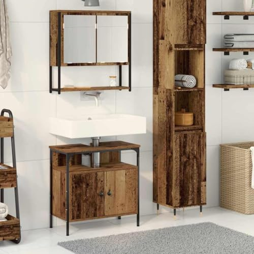 Foknhdi Badmöbel Set Braun 60x30x60 cm Holzwerkstoff Waschbeckenunterschrank mit Wandschrank Modernes Badezimmer Regal mit Flachspiegel kompakt für kleine Bäder Gäste WC