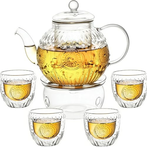 1000ml Theiere avec Infuseur, Théières en Verre Borosilicate avec Chauffant et 4 Tasses, Classique Anti-Goutte et bec Théière Idéal pour Thé en Vrac Aux Fruits Thé en Fleurs et Tisanes