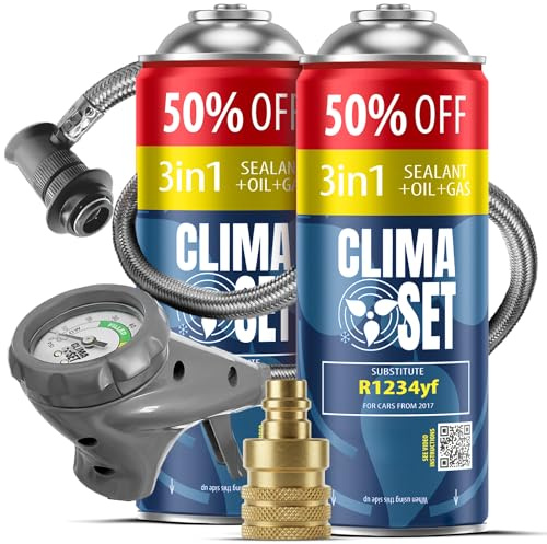 CLIMASET - Klimaanlage Auto Befüllen - Klima Auffüllen Auto Set - 2X 3in1 R1234yf + Schlauch + YF-Adapter - für Fahrzeuge nach 2016, mit Modernem Schlauch & Manometer, Einfaches Nachfüllen