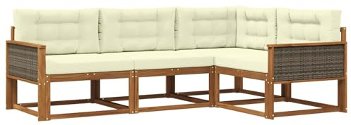 vidaXL Outdoor-Sofagarnitur mit Kissen 4 pcs Natur und Creme, Anpassbare Gartenmöbel, modernes Patio-Sofa, gemütliche Sitzgruppe, wetterfest und robust