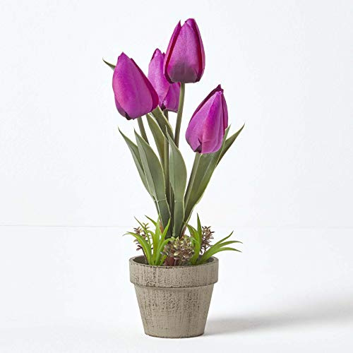 Homescapes künstliche lila Tulpe im rustikalen Topf, kleine Violette Kunstblume/Kunstpflanze ca. 27 cm hoch ideal als Dekoration für Büro, Beistelltisch oder Fensterbank