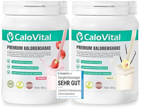 Zunehmen mit CaloVital | Zunehmshake hochdosiert mit vielen Vitaminen | Weight Gainer für schnelle Gewichtszunahme & Masseaufbau |Premium Qualität aus Deutschland (2er Set Vanille - Erdbeere)
