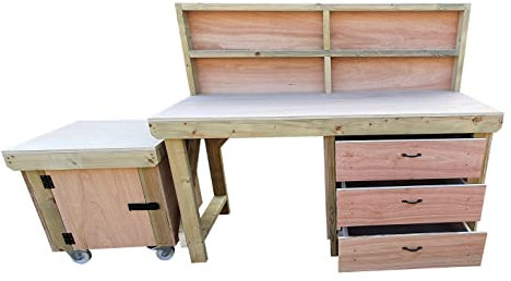 Wooden Work Bench With Drawers and Functional Lockable Cupboard and Back Panel - 18mm Eucalyptus Top (5ft)