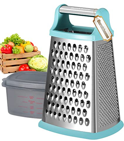 Ourokhome Cheese Grater with Handle, Stainless Steel Box Grater, 4 Side Kitchen Vegetable Shredder Slicer Zester with Container for Parmesan, Cabbage, Ginger, Lemon, Chocolate, Coconut (Teal)