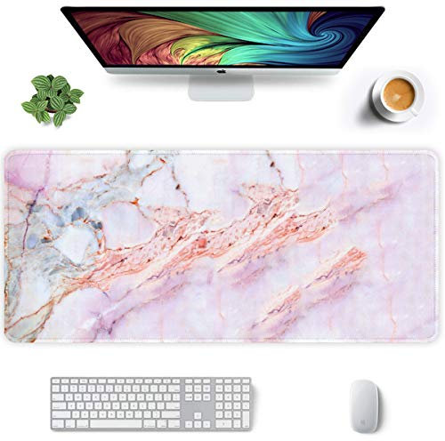 Auhoahsil Erweitertes Mauspad, XXL Gaming-Mauspads, großes Mauspad, Laptop, Computer, Tastatur-Matte, Schreibtischunterlage mit rutschfester Unterseite, 31.5 x 15.7 Zoll, Rosa Marmor