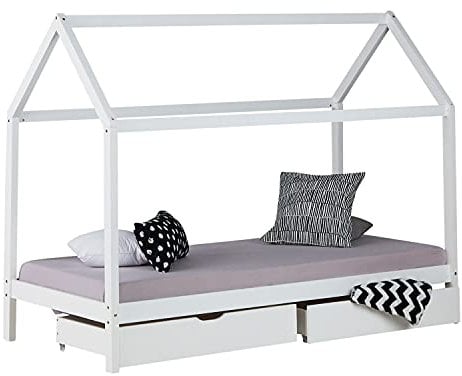 Homestyle4u 1992, Hausbett 90x200 mit Schublade Montessori Bett Kinderbett Bodenbett Weiß Holz