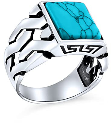 Bling Jewelry Edelsteine Cuban Curb Link Chain Band Blau Erstellt Türkis Rechteck Siegelring Für Männer .925 Sterlingsilber Handgefertigt In Der Türkei