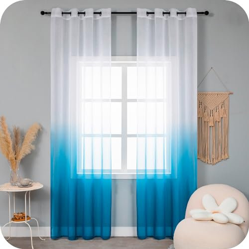 GIRASOLE HOME Coppia Tende Voile Semi Trasparenti Colore Sfumato Bianco e Azzurro Tenda per Soggiorno Camera Cameretta Cucina e Interni 2 Pannelli con Occhielli 140x275cm
