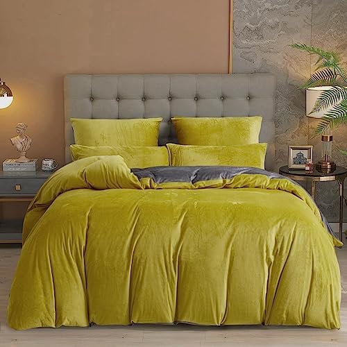 Damier Winter Bettwäsche 135x200cm Gelb Grau Warme Plüschbettwäsche Set 2 Teilig - 1 Bettbezug 135 x 200 cm mit Reißverschluss und Kopfkissenbezug 80 x 80 cm