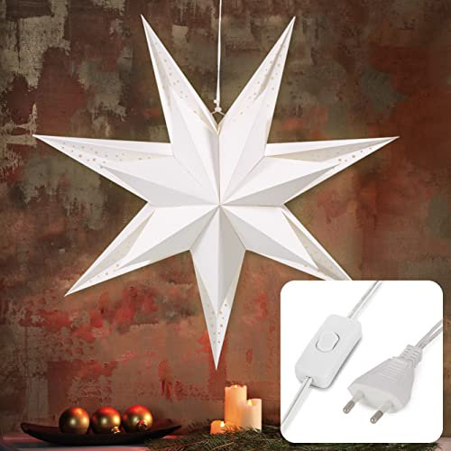 hellum Weihnachtsstern Innen, Stern Papierstern zum aufhängen mit E14 Lampenfassung, weiß Stern Weihnachtsdeko Fenster mit 3m Netzkabel mit Schalter, Weihnachtsbeleuchtung innen, 578027